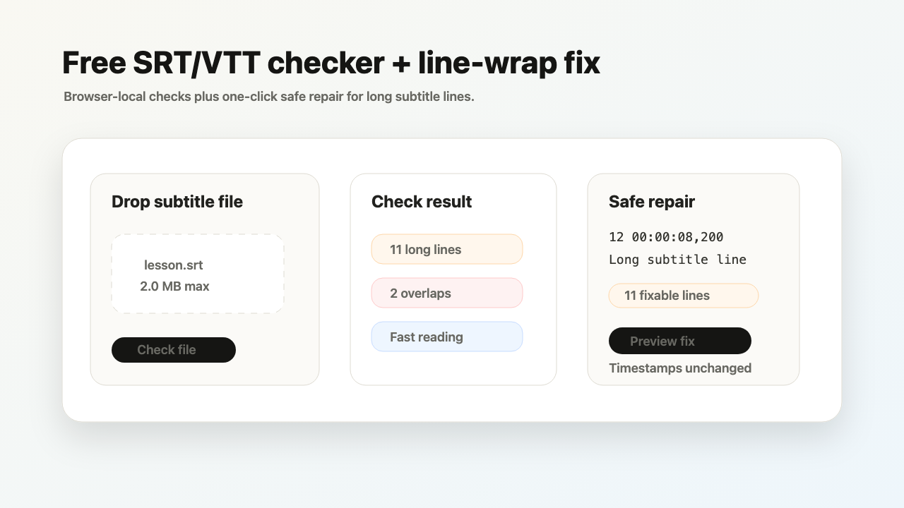 Free SRT and VTT subtitle checker with one-click safe line-wrap repair for long subtitle lines